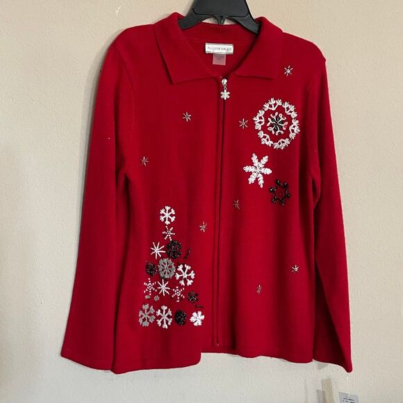 Allison Daley Women's Sweater Red Size M Long Sleeve Zip Christmas Snow Flakes - Picture 1 of 7